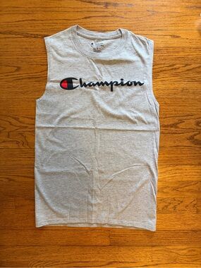 Champion Gray Sleeveless Logo Muscle Tank with Red Accent